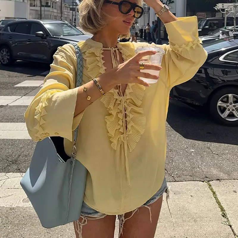 

Women 2025 Casual Long Sleeves Shirts Yellow Tierred Decoration Lace Up Blouses Women's Fashion Versatile Chic Tops