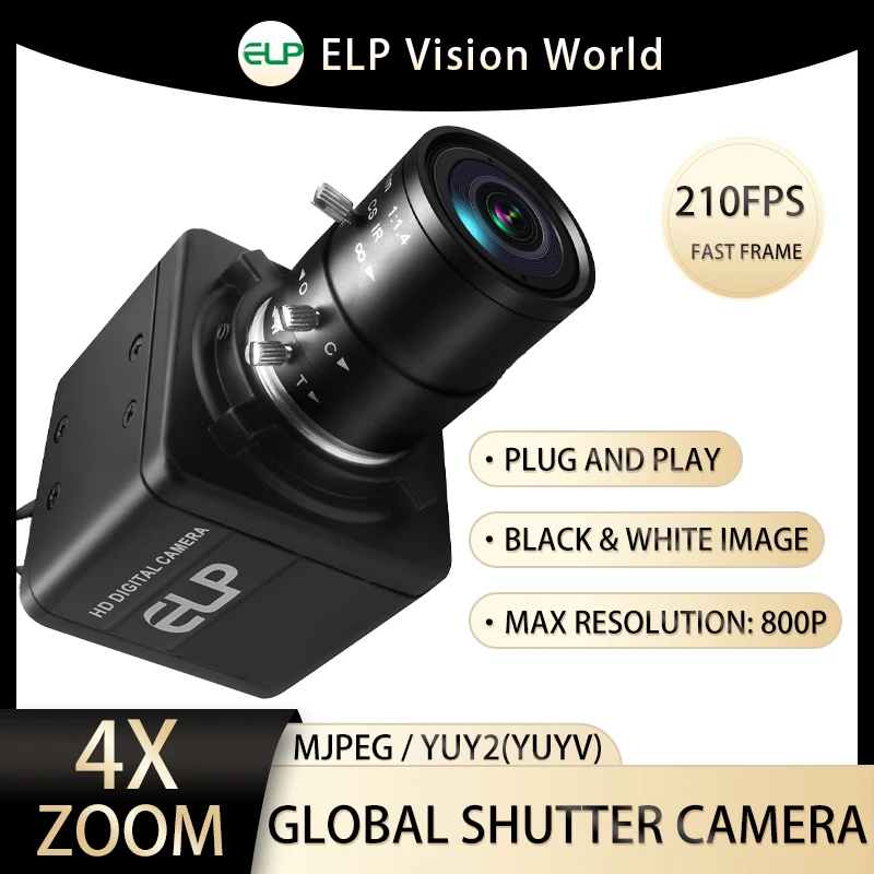 ELP 800P Global Shutter USB Camera High Speed 210fps Monochrome Golf Swing Camera Optical Zoom Webcam for Industrial Inspection