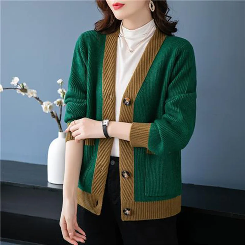 Spring and Autumn New Loose Button Colored Cardigan Women Korean Casual Fashion V-neck Thread Long Sleeve Sweater Knit Coat Top