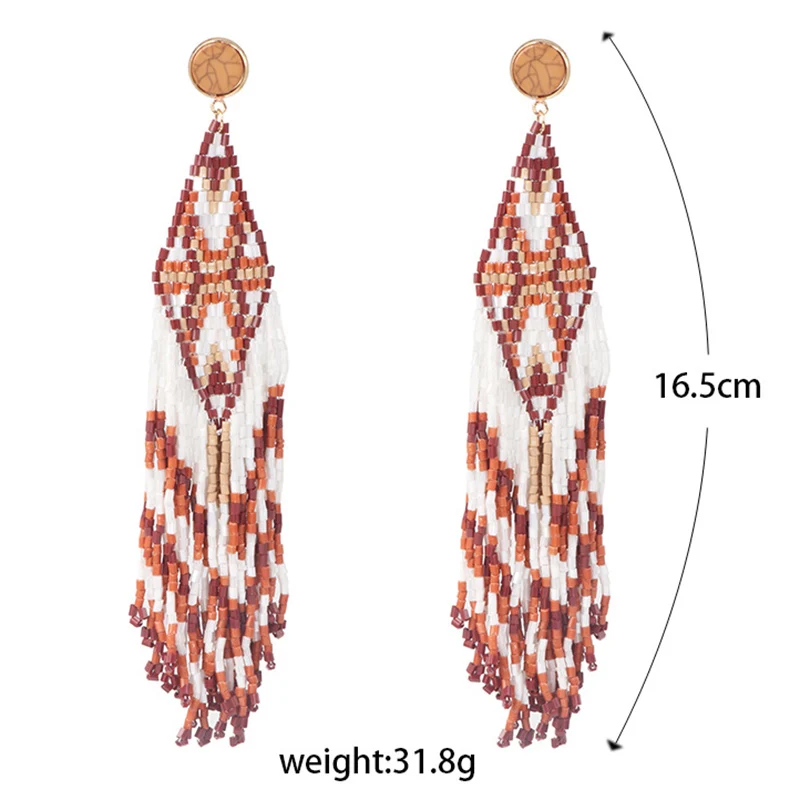 Bohemian Beaded Long Tassel Earrings for Women Handmade Multicolor Beads Statement Dangle Earrings Ethnic Jewelry Red