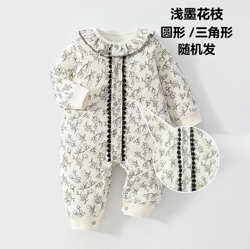 High Quality Children's Autumn and Winter Jumpsuit with Flower Pattern Printed on Pure Cotton Thickened Warm Baby Girl Outfit