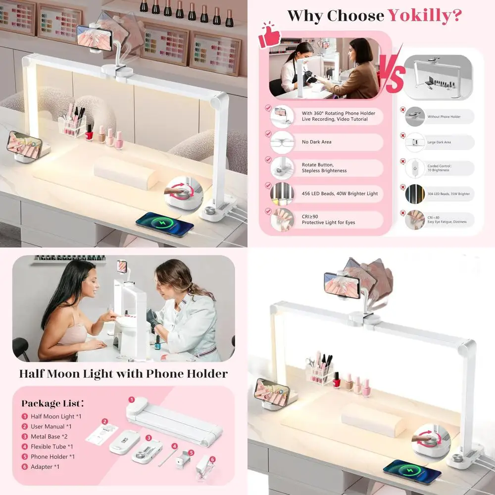 

48W Foldable LED Half Moon Desk Lamp - 34 Shadowless Light for Salon Manicure, Adjustable Brightness 3000K-6500K (White, Large)