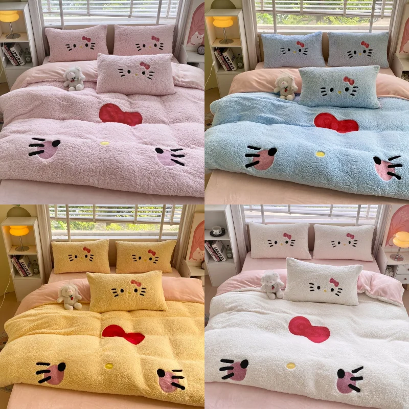 

Sanrio Hello Kitty Lamb Fleece Four-piece Set Creative High-value Anime Cartoon Peripheral Winter Thickened Soft Warm Bedding