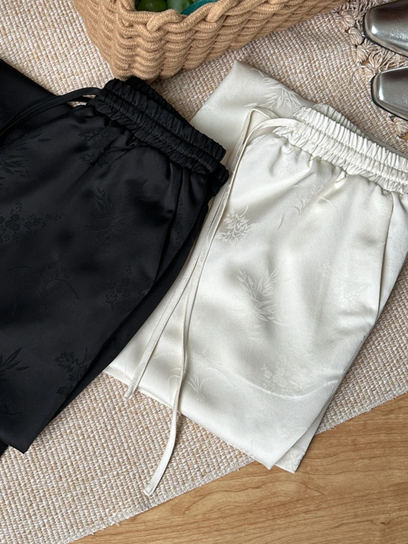 

Летние брюки 2024 с высокой талией из шелка SONG JIN, эластичные, из ледяного шелка, струящиеся, с завязками, с китайской вышивкой