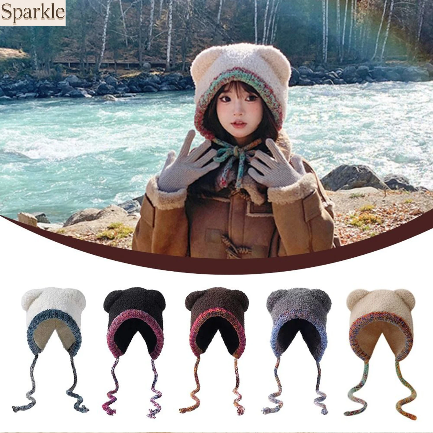 

Winter Fashion Bear Ear Knitted Woolen Hat Thickened Windproof Warm Bomber Cap for Outdoor Ear Protection