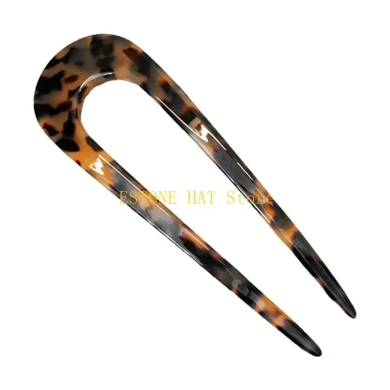 49MF U Shaped Hair Pin Fork Sticks French Vintage Acetate Tortoise for Shell Hairpins 2 Prongs Updo Chignon Pin for Wom
