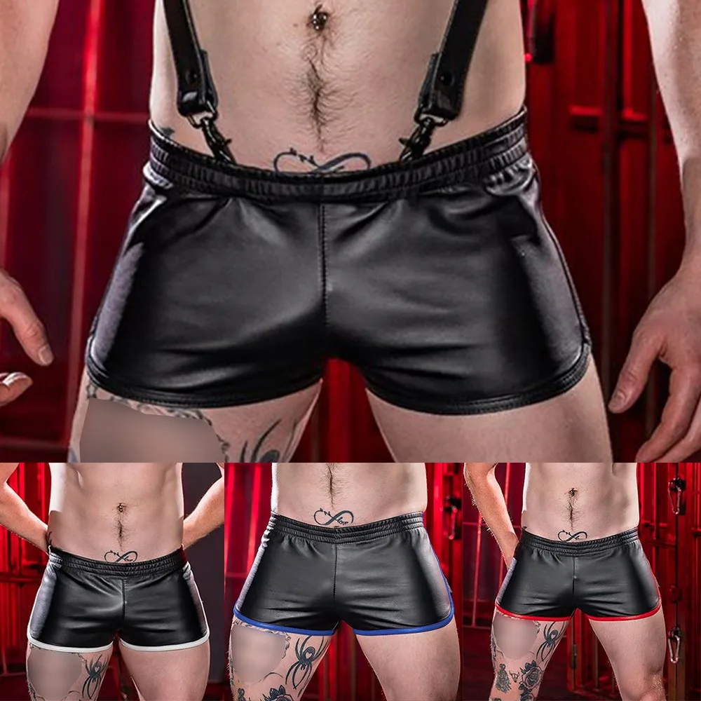 Mens Sexy Leather Shorts U Convex Low-Waist Male Panties PU Leather Underpants Sport Shorts Punk Style Clubwear