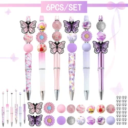 6PCS Butterfly Bead Pen Set - New Spring/Summer Pink Purple Colorful Butterfly Daisy DIY Bead Ball Pen and Silicone Bead Set