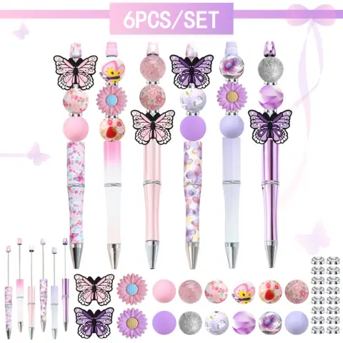 6PCS Butterfly Bead Pen Set - New Spring/Summer Pink Purple Colorful Butterfly Daisy DIY Bead Ball Pen and Silicone Bead Set