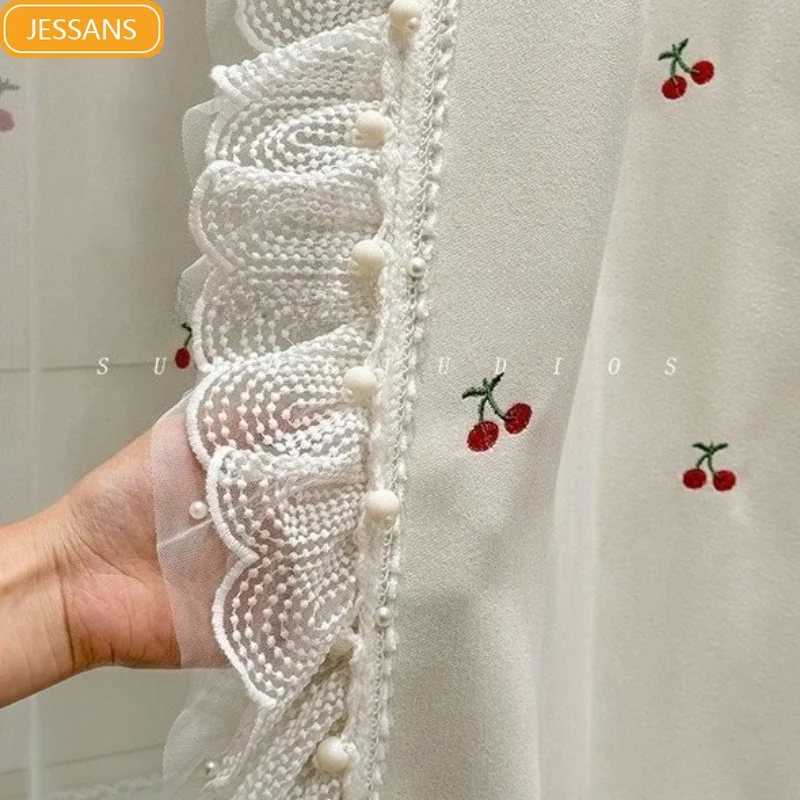 Cute Milky White Princess Snow Storm Neil Cherry Embroidery Window Curtains for Living Room Bedroom French Window Customized