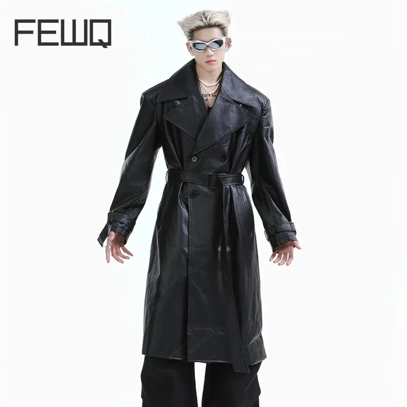 FEWQ Niche PU Leather Belt Men's Long Windbreaker Coat Lapel Lace-up 2024 Winter New Trendy Solid Color Male Streetwear 24E2805