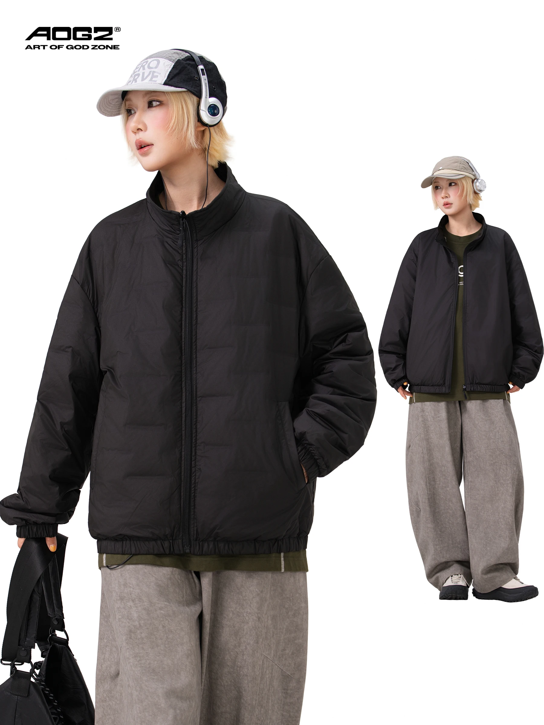 AOGZ Double-Sided Wearable down Jacket Unisex Loose Warm Outerwear Sporty Style Stand Collar Long Sleeve Zipper Closure Coat