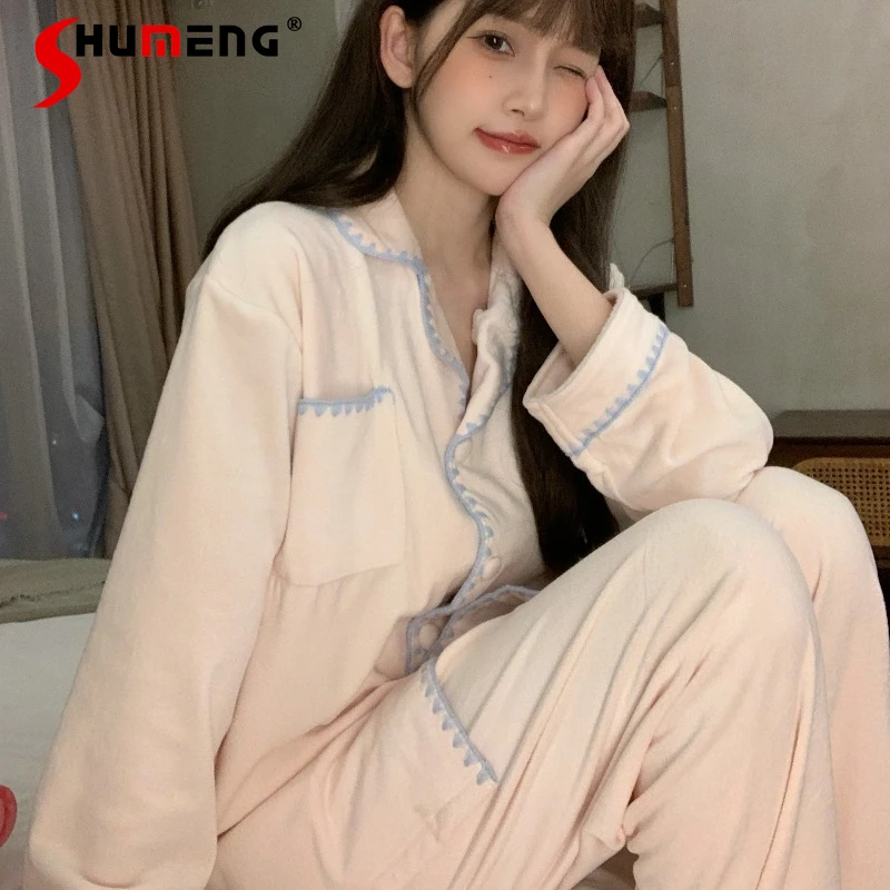 

Милый домашний комплект с флисовой подкладкой для женщин: розовая вельветовая пижама, утепленный теплый спальный костюм для осени и зимы