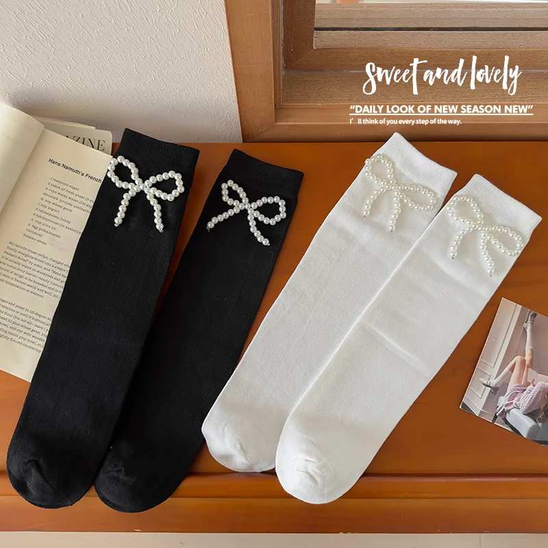 Sweet Girls Black White Solid Color Mid-Calf Socks Elegant Pearl Bow Decor Soft Elastic Skin-Friendly Breathable Calf Stockings