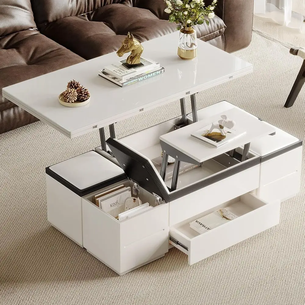 

47 White Multifunctional Coffee Table with Storage, Tempered Glass Top & 4 Stools