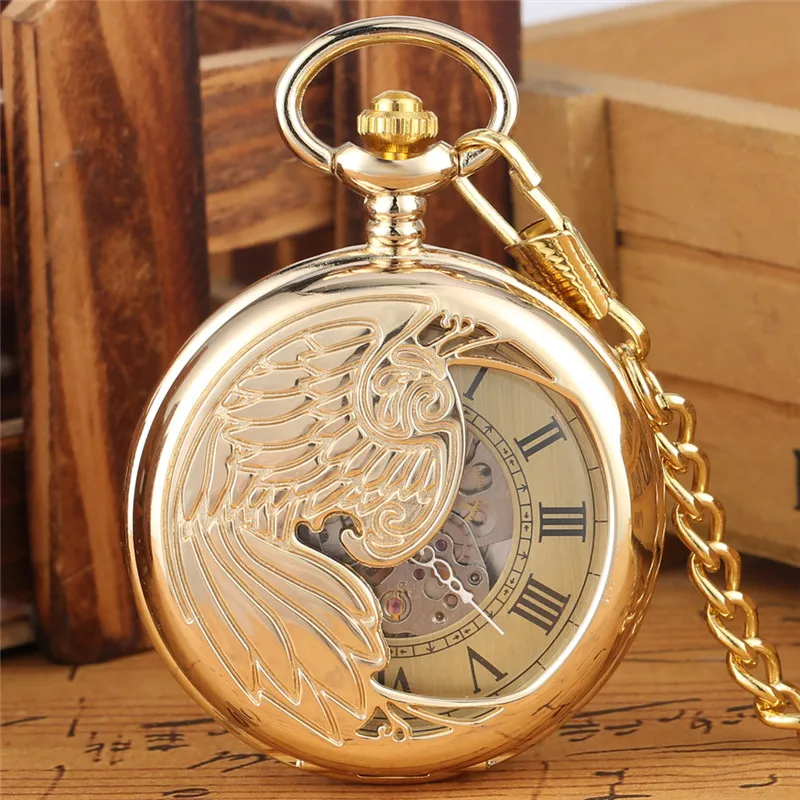 Luxury Hollow Phoenix Pocket Watch Unisex Automatic Mechanical Watches Fob Pendant Chain Yellow Gold Roman Number Timepiece Gift