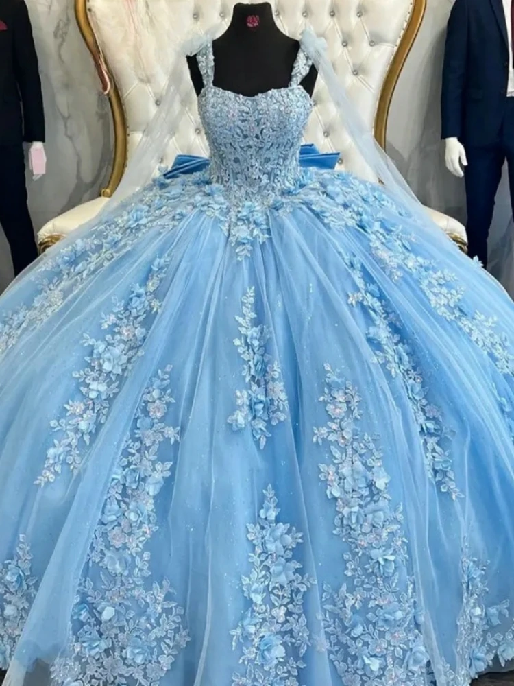 Vestidos de quinceañera azul hielo de princesa Mexica, vestido de fiesta de cumpleaños, vestido de fiesta de graduación, Apliques de encaje de flores, correa de Spathetti, 15, 16 años