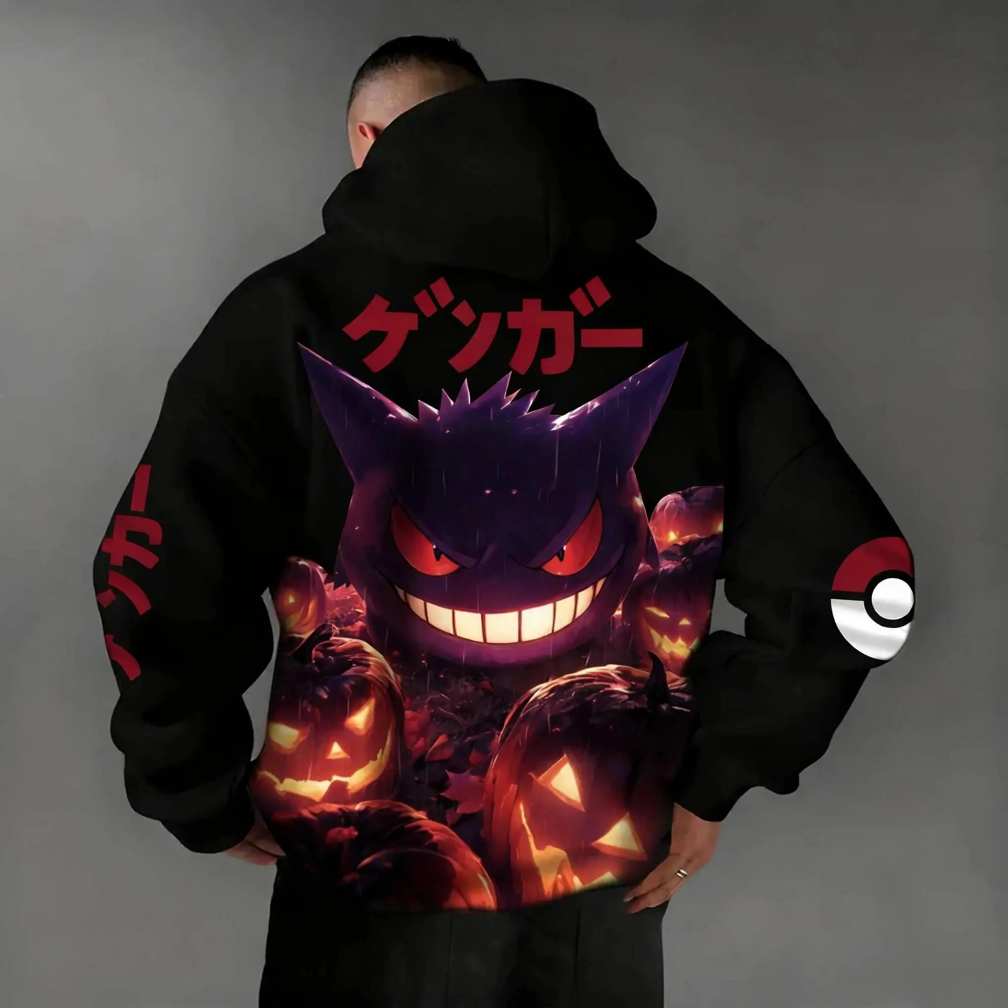 2026 Pokemon Gengar Halloween Zip Up Hoodie Men Women Anime Zip Jacket Pokeball Sleeve Design Unisex Streetwear Sweatshirt