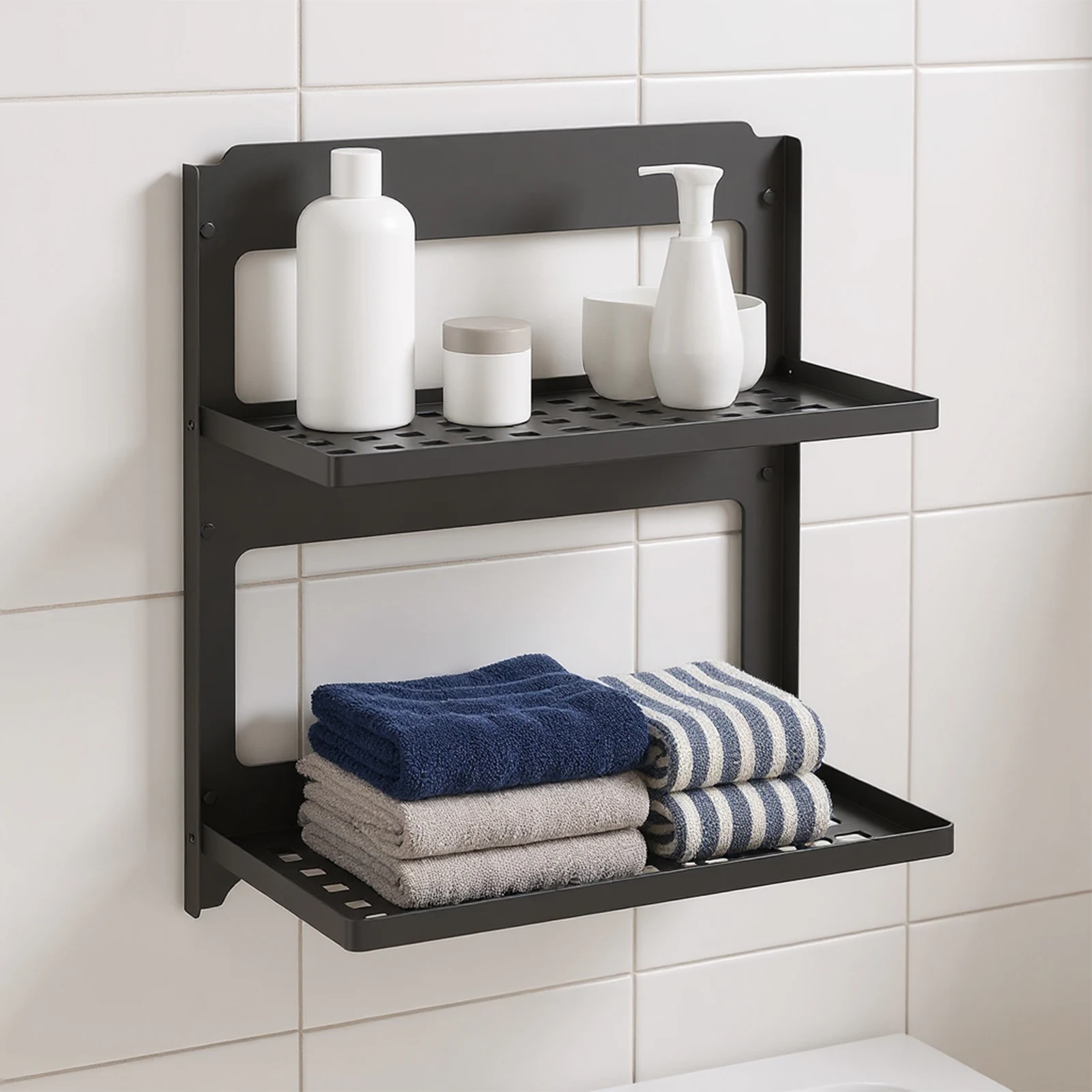 

2-Tier Black Iron Floating Shelf Combined Metal Shower Shelf Rack Wall-Mounted Floating Shelves for Living Room Kitchen Bathroom