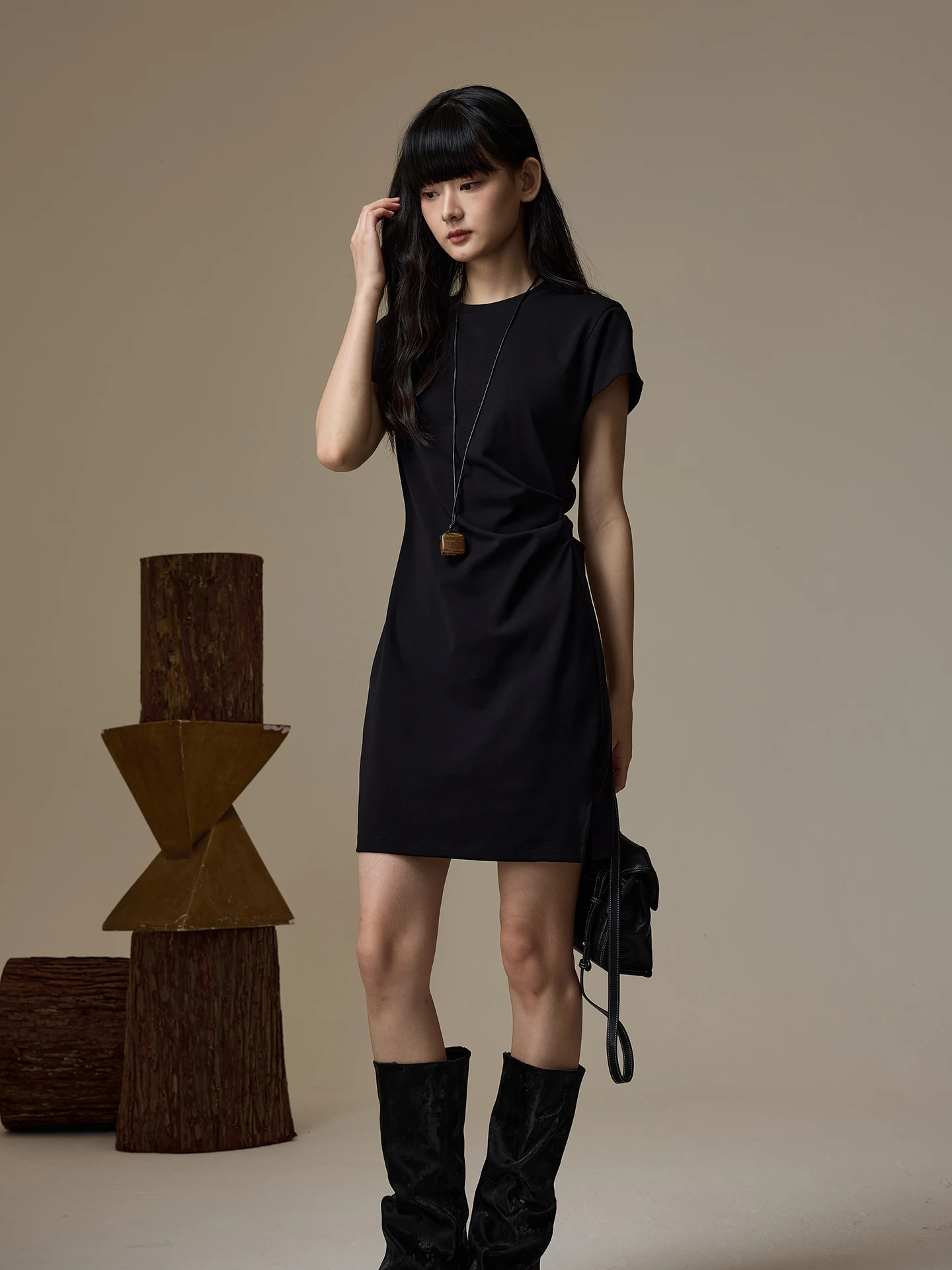 

INOUT HRQ2026 Summer New Black round Neck Strapless Pure Color Mid-Length Dress Casual Style Cotton Blend Dress