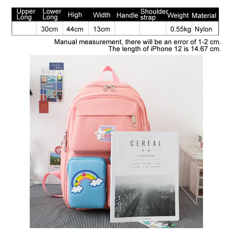 4 stück Set Rucksack Mode Regenbogen Druck Student Rucksack Getäfelten Schule Taschen Für Teen Mädchen Nette Einhorn Zubehör Taschen