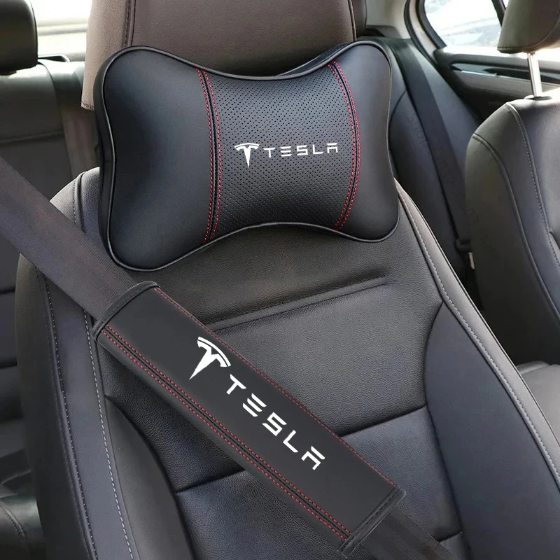 Leather Car Headrest Neck Pillow Seatbelt Shoulder Pad Interior Accessories For Tesla Model 3 Model S X Model Y Roadster SpaceX