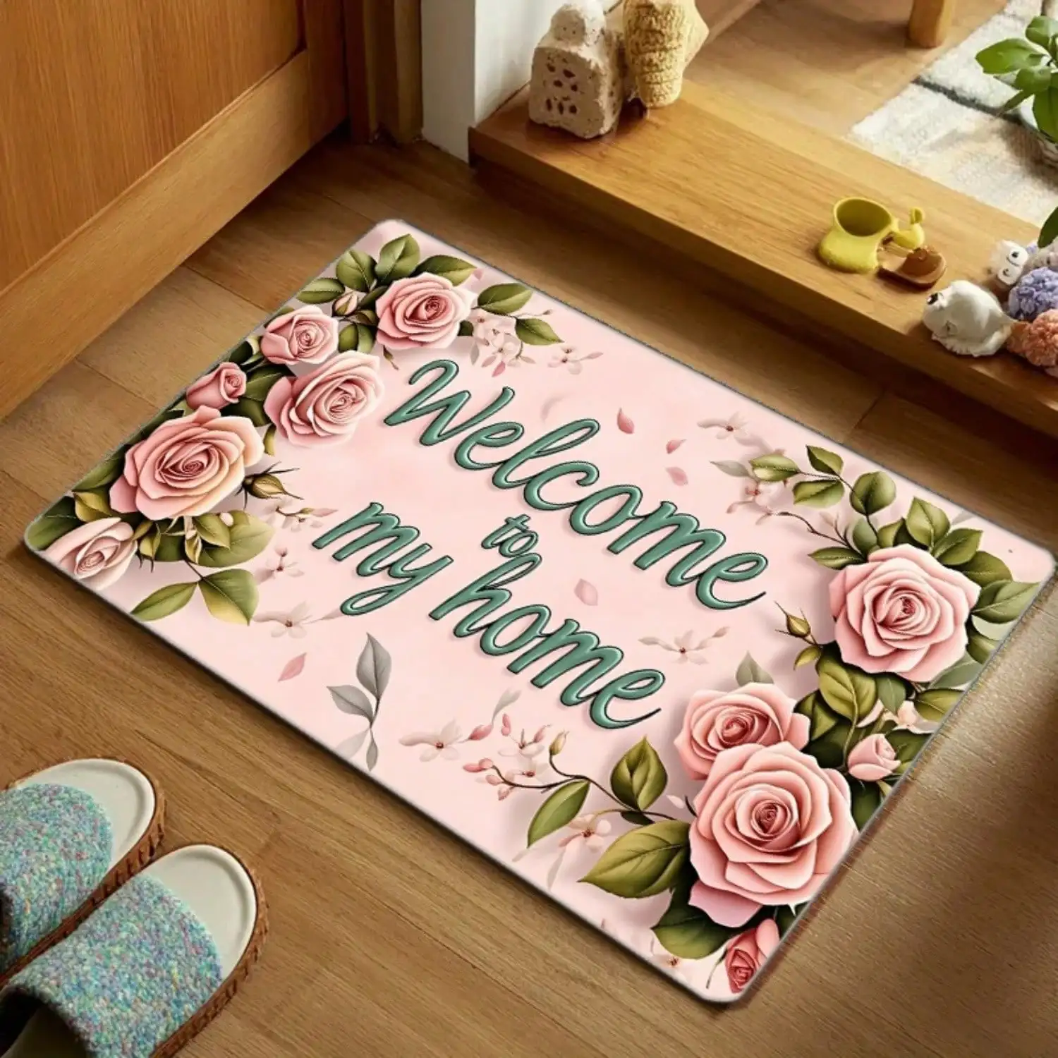 1pc Pink Rose Ring Character Welcome Home Doormat, Soft And Thickened, Easy To Clean, Non-Slip, Machine Washable, Suitable For Living Room, Bedroom, Kitchen And
