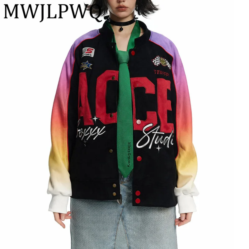 

MWJLPWQ American Style Color Block Suede Baseball Jacket Men's High Street Hiphoph Long Sleeve Letter Unisex Tops Autumn 21389