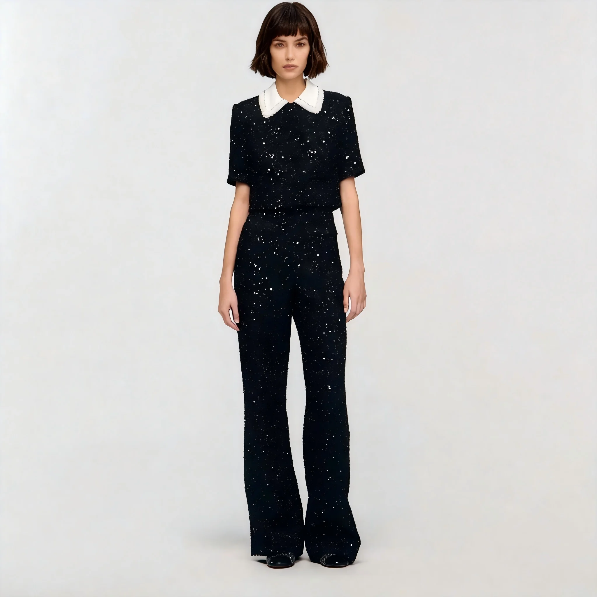 【ギフト無料】2025秋冬 フレンチニッチ カラーブロック ラインストーン パールカラー スパンコールトップ + ワイドレッグパンツ セット レディース