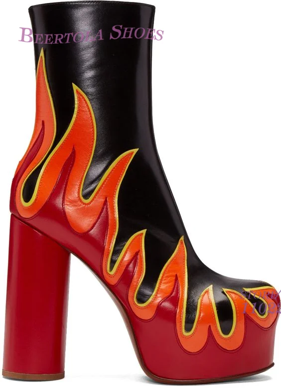 Red Flame Graffiti Booties Black Tight Leather Short Boots Women Platform Chunky Heel Graffiti Metal Silver Rivets Spring Shoes