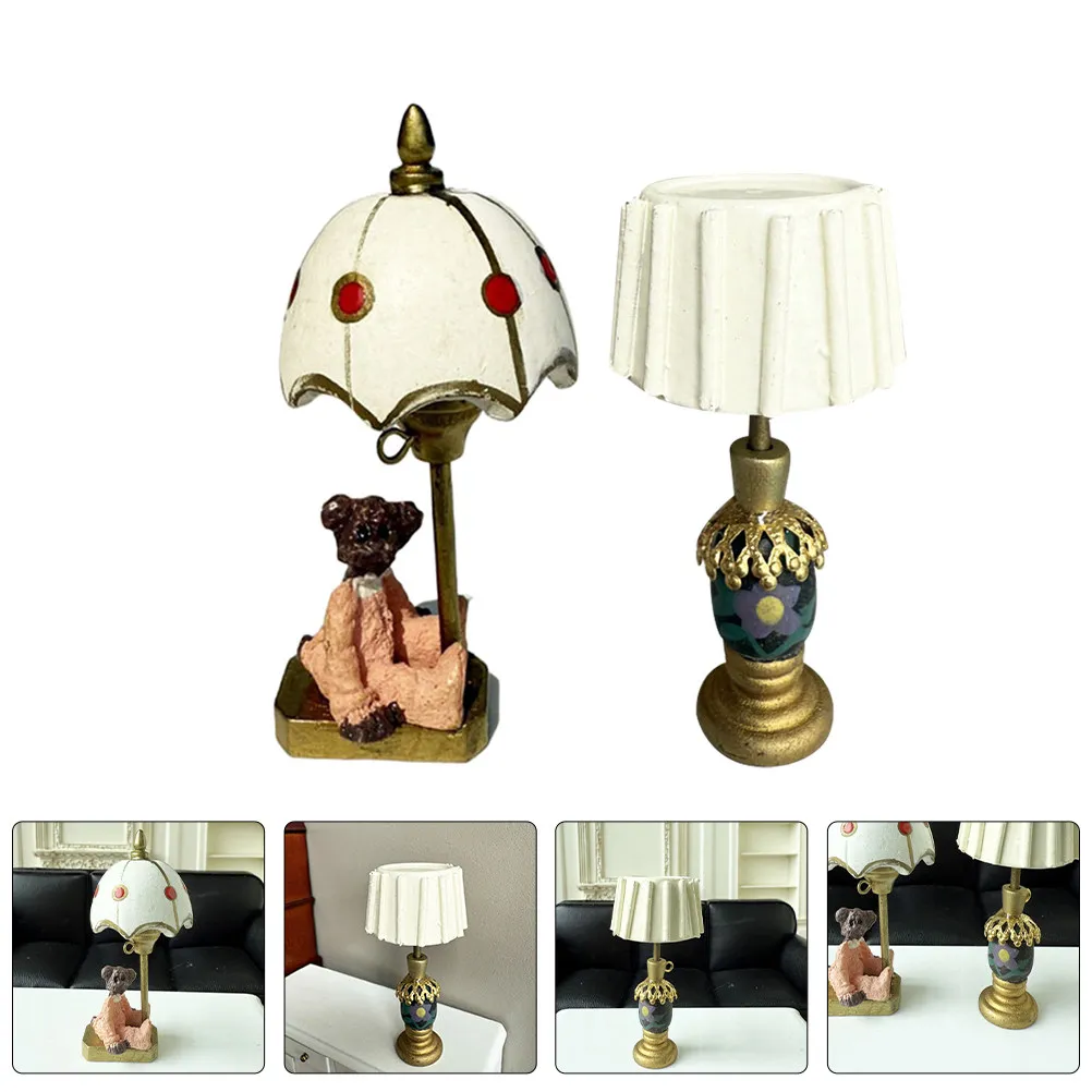 

2Pcs Miniature Table Lamp Bear Shade Dollhouse Lights Mini Furniture Decoration Tiny Desk Lamp Night Light Display