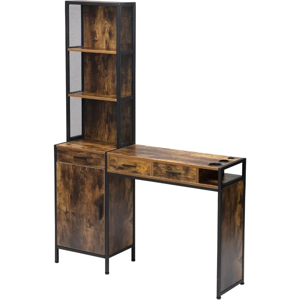 Industrial Style Beauty Salon/Barber Styling Station with 3 Drawers, Wall Mount Spa Storage Cabinet, Rustic Brown