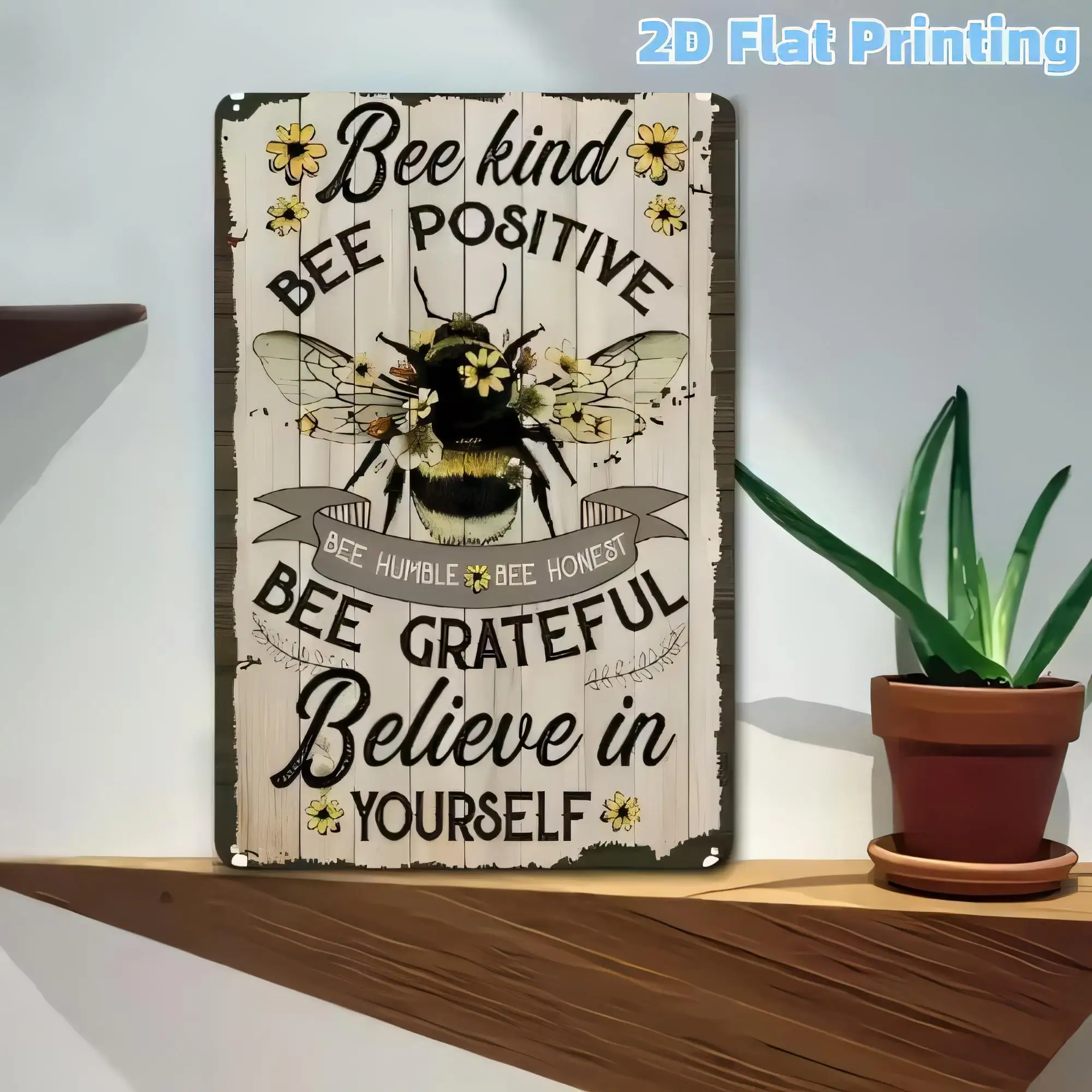Tin Sign Bee Kind Positive Bee Grateful Believe in Yourself Vintage Metal Wall Art 2D Flat Printing Rustic Honeycomb Flower Deco