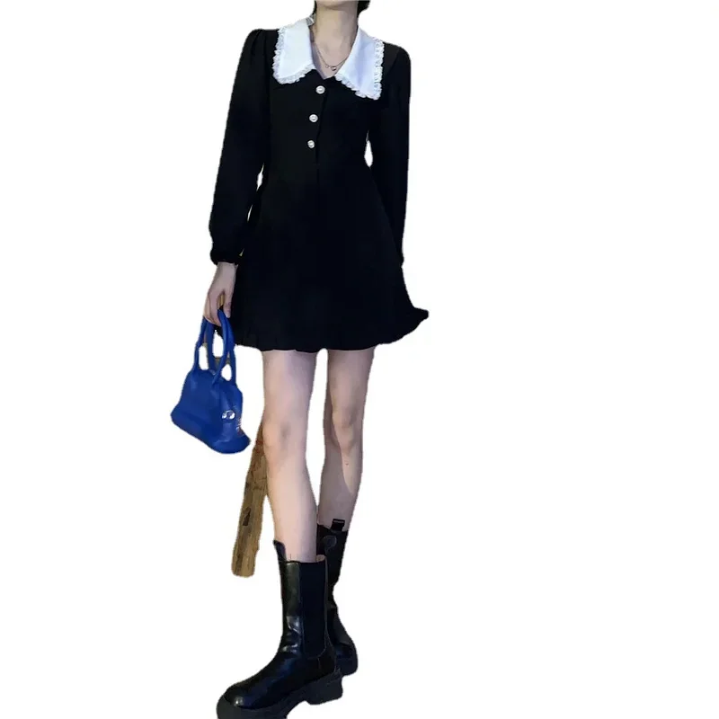 Fashion Street Retro Doll Collar Short Skirt Female Spring and Autumn Sweet Hot Girl Sexy Little Black Long-sleeved Dress New