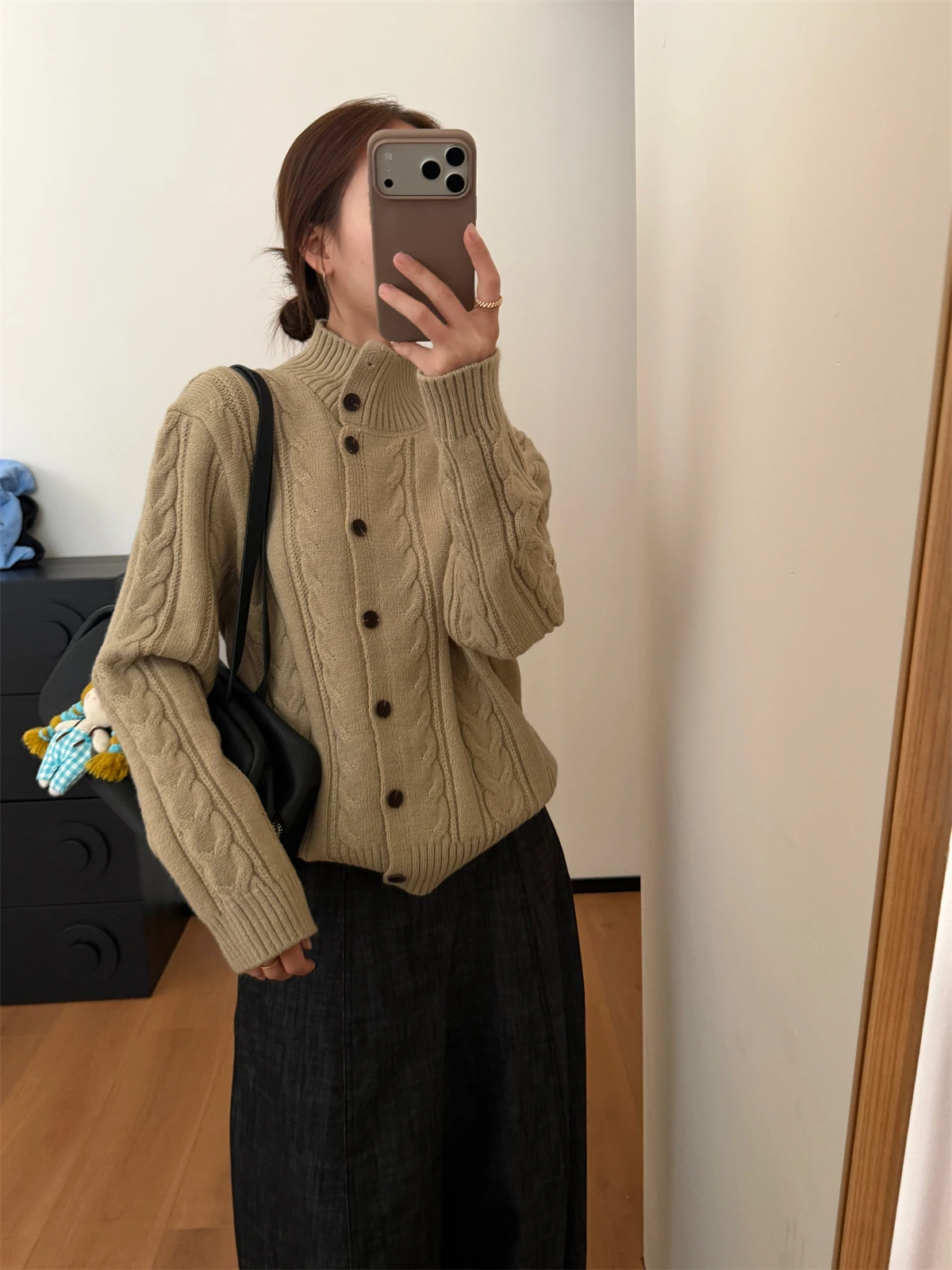 Korean Casual Design High Neck Open Cardigan Women's Lazy Style Sweater Irregular Collar Long Sleeve Soft Acrylic Knitted Top
