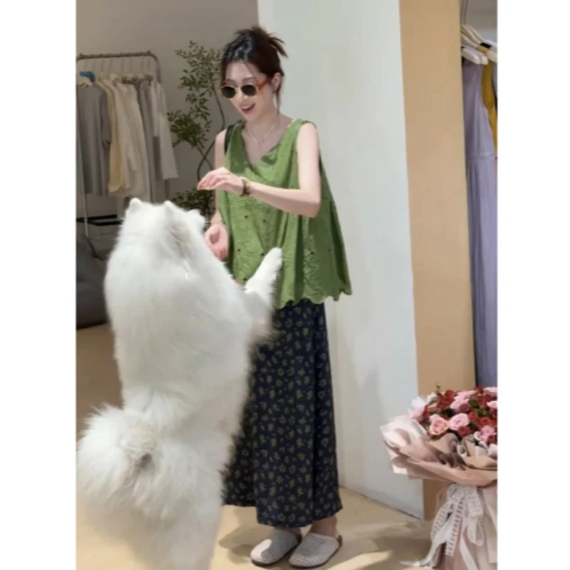 Skirt Twinset Plus Size Maternity Clothes Set Loose Korean Style Pregnant Woman Skirts Set Sleeveless V-neck Tank Top Floral