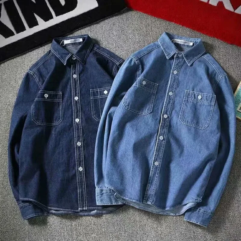 Spring Autumn Denim Shirt Men's Korean Style Slimming Smooths Your Silhouette Sleeve Couple's T-shirt Trendy Student Thin Jacket