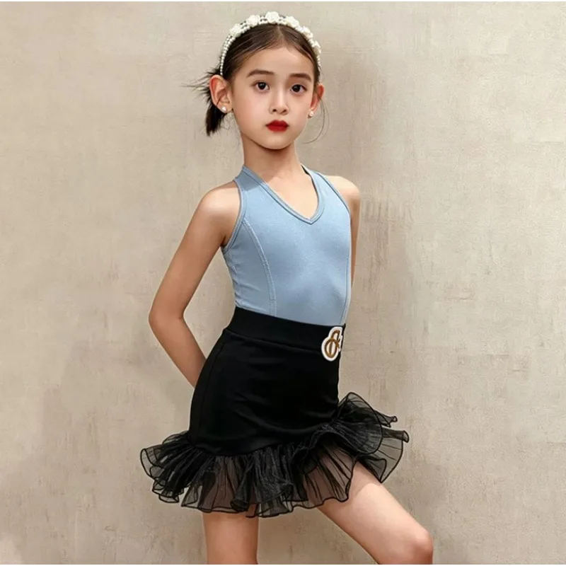 

Latin Dance 2Pcs Costume Glitter Sling Top Iridescent Tulle Skirt Pink Black Summer Soft Stretch For Stage Training Dance Outfit