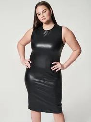 Dobycon-Damen-Leder-Tank-Kleid ärmel los gerade Knie-Länge-Kleidung benutzer definiert Plus Größe 5XL 6XL 7XL