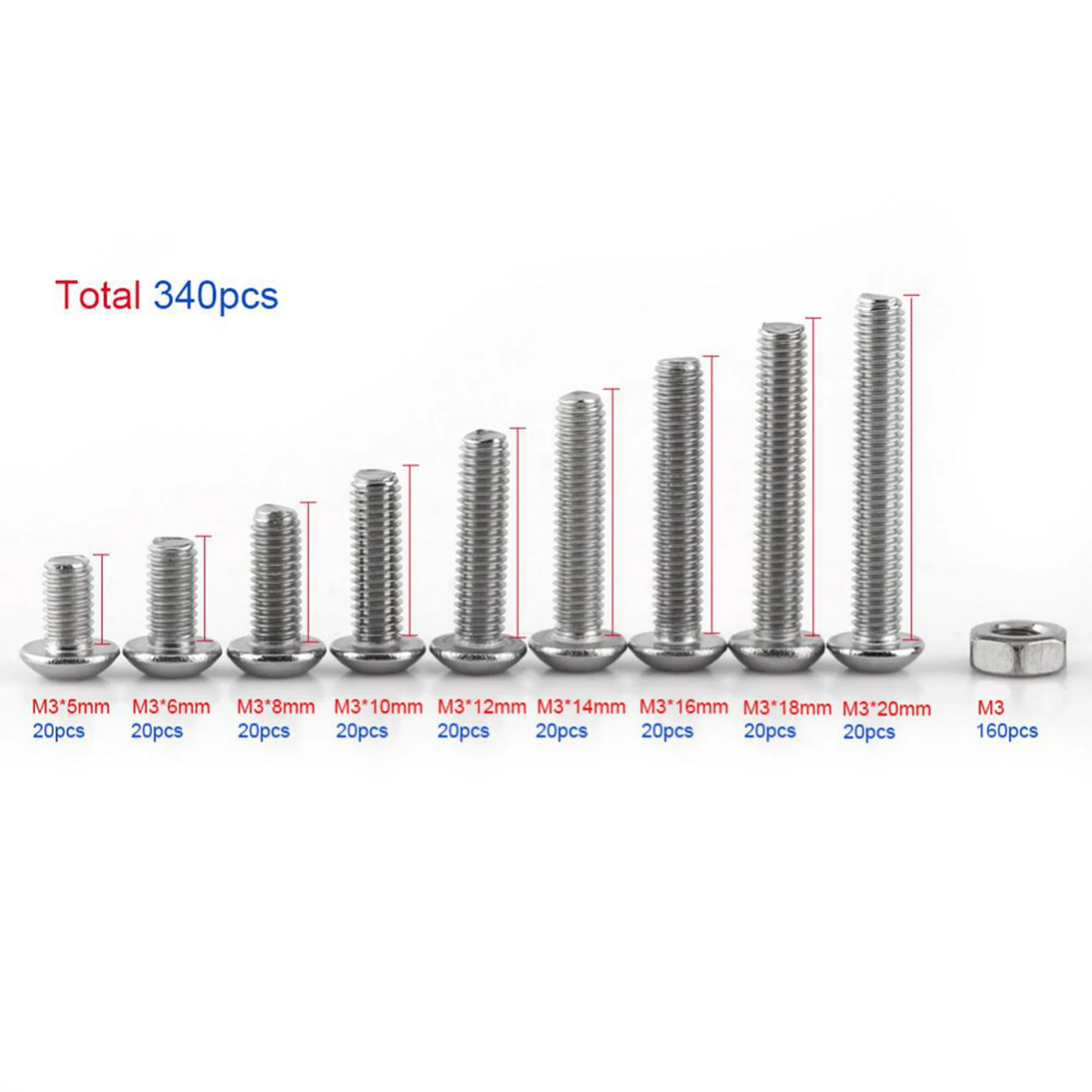 DT17 1700Pcs M3 Hex Socket Screw for Nut Stainless Steel Assortment Kit Fastener Button Head Hexagon Screw for Nut Hardware