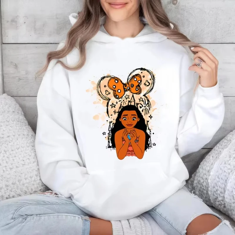 

MINISO Kawaii Disney Princess Moana Minnie Bow Knot Sweater Casual Top Loose Clothing Print Women's Hooded Sports 2025 comfort