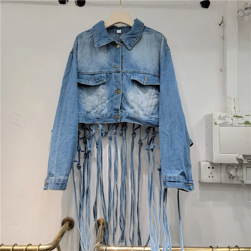 

Autumn Vintage Blue Back Hollow Out Tassels Denim Jacket Women Loose Short Cowboy Outerwear Big Pocket Jeans Jacket Coat Female