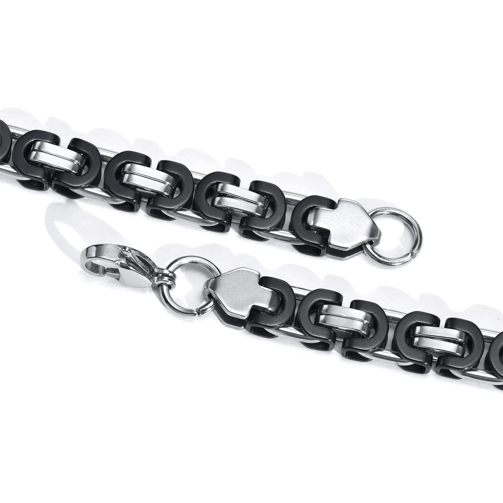 Vnox 8.5mm Black Silver Color Byzantine Link Chain Bracelets for Men Teens, Two Tones Punk Rock Cool Wristband