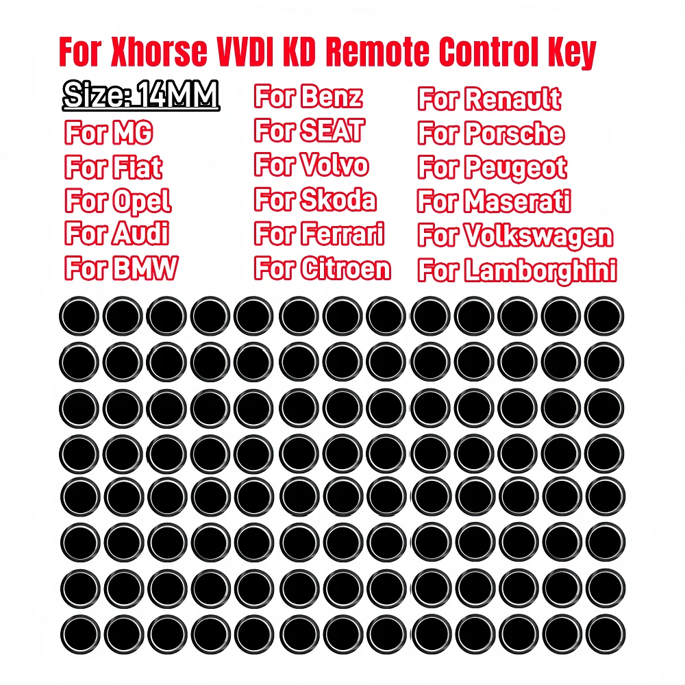 14MM 50 Piezas/Lote para Xhorse VVDI KD, Cristal Epoxi para Llaves de Coche con Logotipo para Opel, Fiat, SEAT, Volkswagen, Benz, Peugeot, Citroën, Chevrolet, Skoda