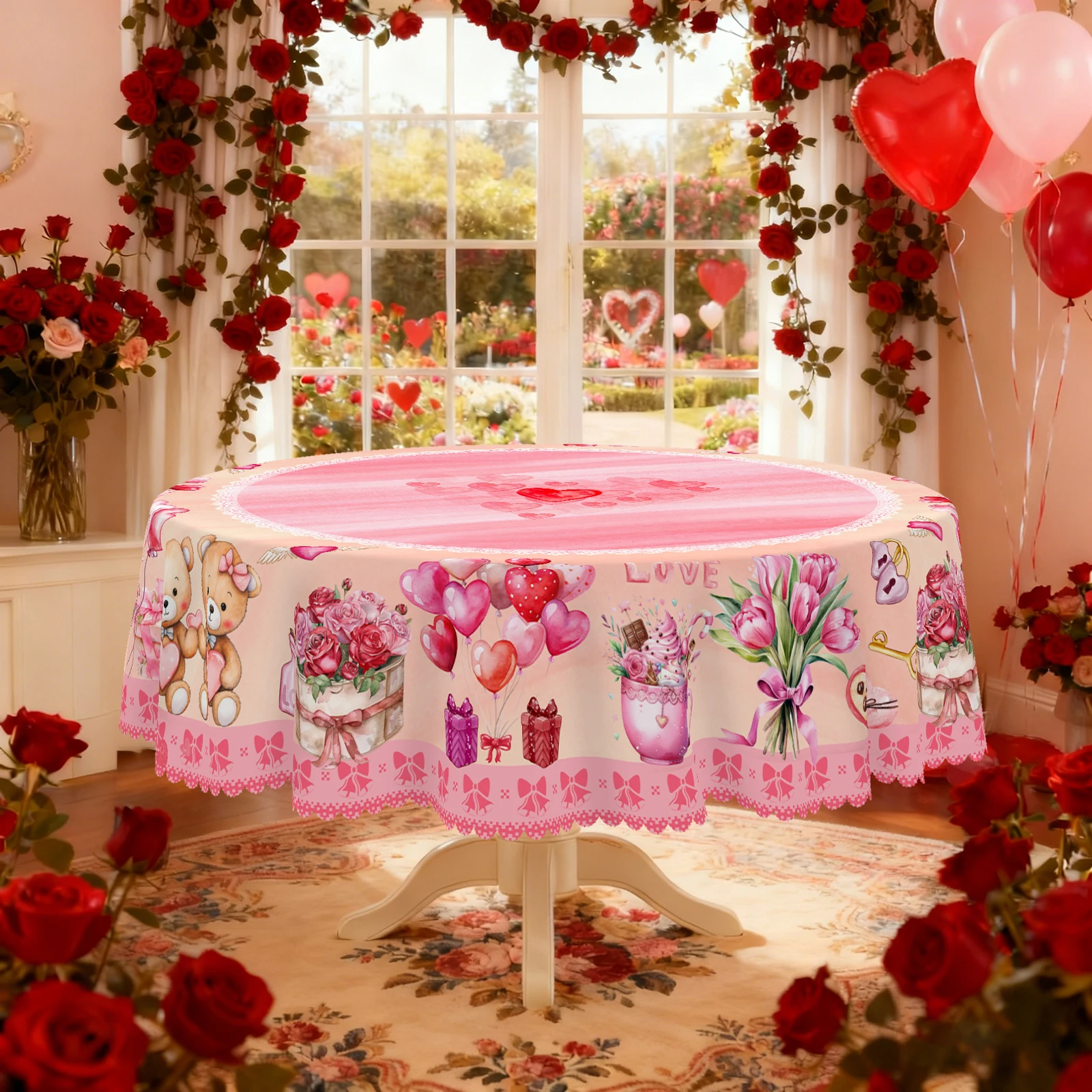 1-teilige rosa runde Valentinstag-Tischdecke, erhältlich in verschiedenen Größen, rosa romantische und niedliche Paar-Bär-runde dekorative Tischdecke, geprägte Kantenhandwerkskunst,