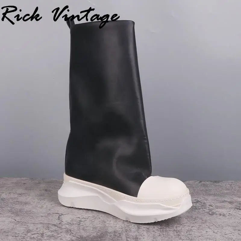 Rick Vintage Women Platform Motorcycle Boots High-TOP PU Leather Mid-Calf Sneaker Luxury Trainers Casual Autumn Flat Black Shoes