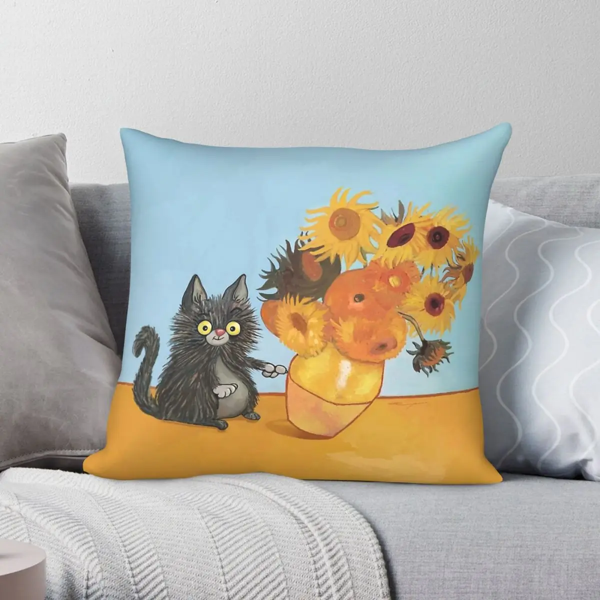 Van Gogh Cat With Sunflowers Square Pillowcase Polyester Linen Velvet Pattern Zip Decor Sofa Cushion Cover 45x45