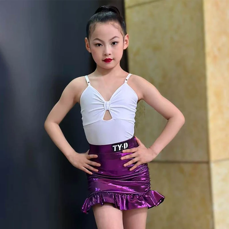 

2026 New Latin Dance Costume Girl Summer Latin Performance Stage Wear Kid Cha Cha Rumba Training Suit Bodysuit Skirt Set VBH2678