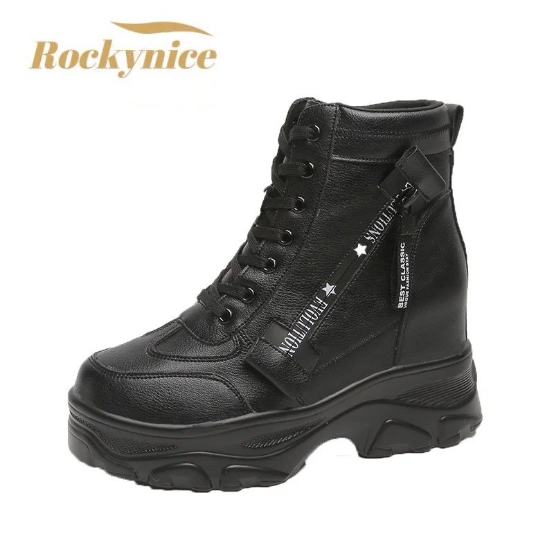 New 2022 Autumn Women Ankle Boots 8CM Heels Platform Boots Soft Leather White Motorcycle Boots Woman Winter Chunky Sneakers Boot