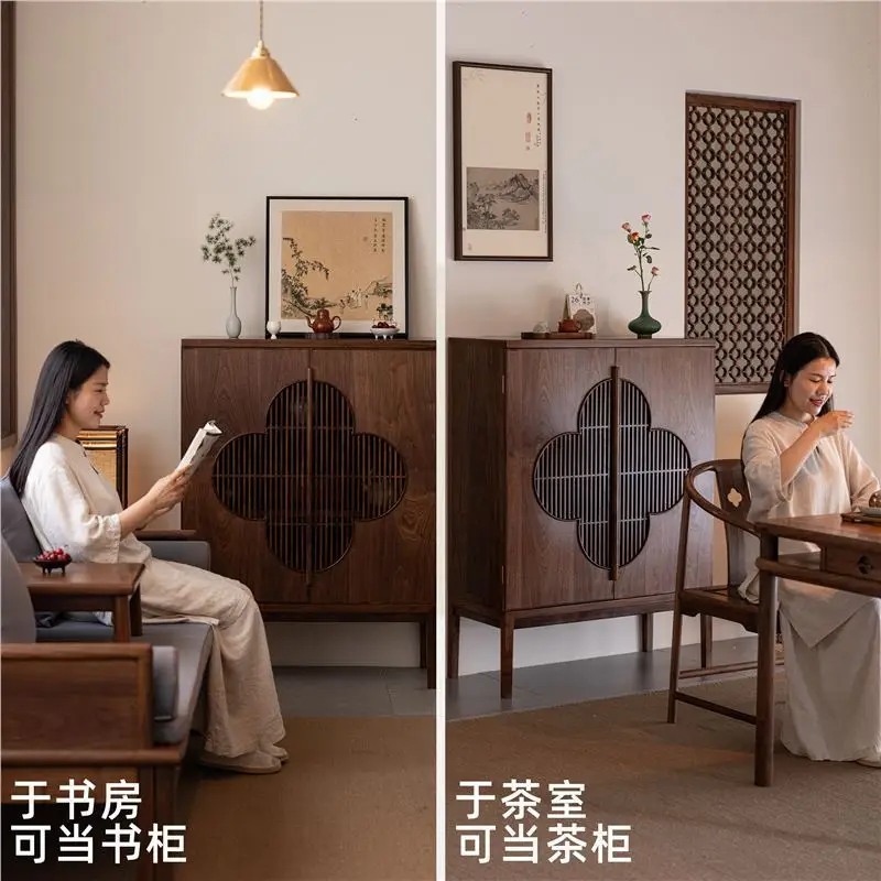 New Chinese shoe cabinet, side cabinet, entrance cabinet, Zen black walnut solid wood, furniture